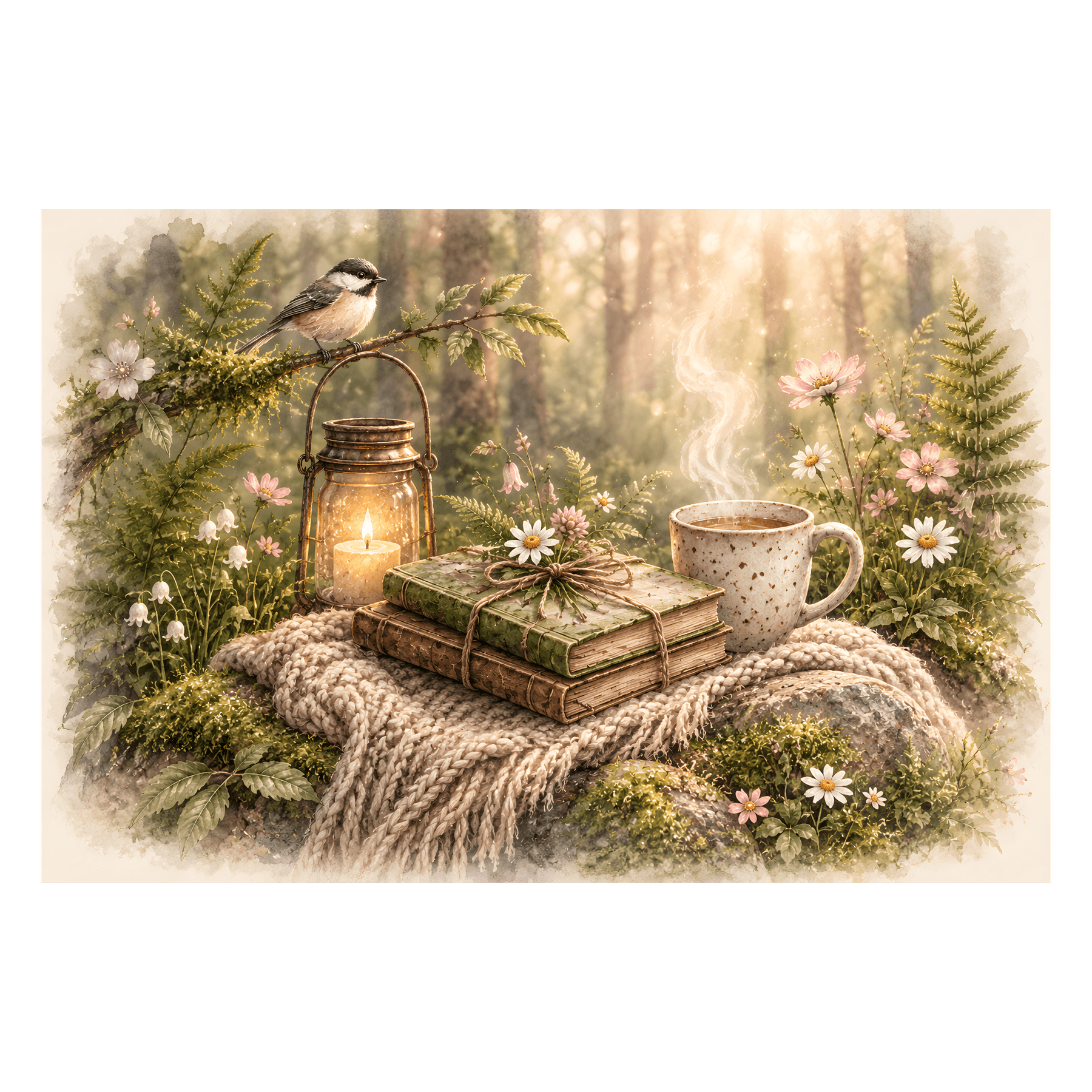 A quiet forest scene with letters, tea, flowers and a lantern
